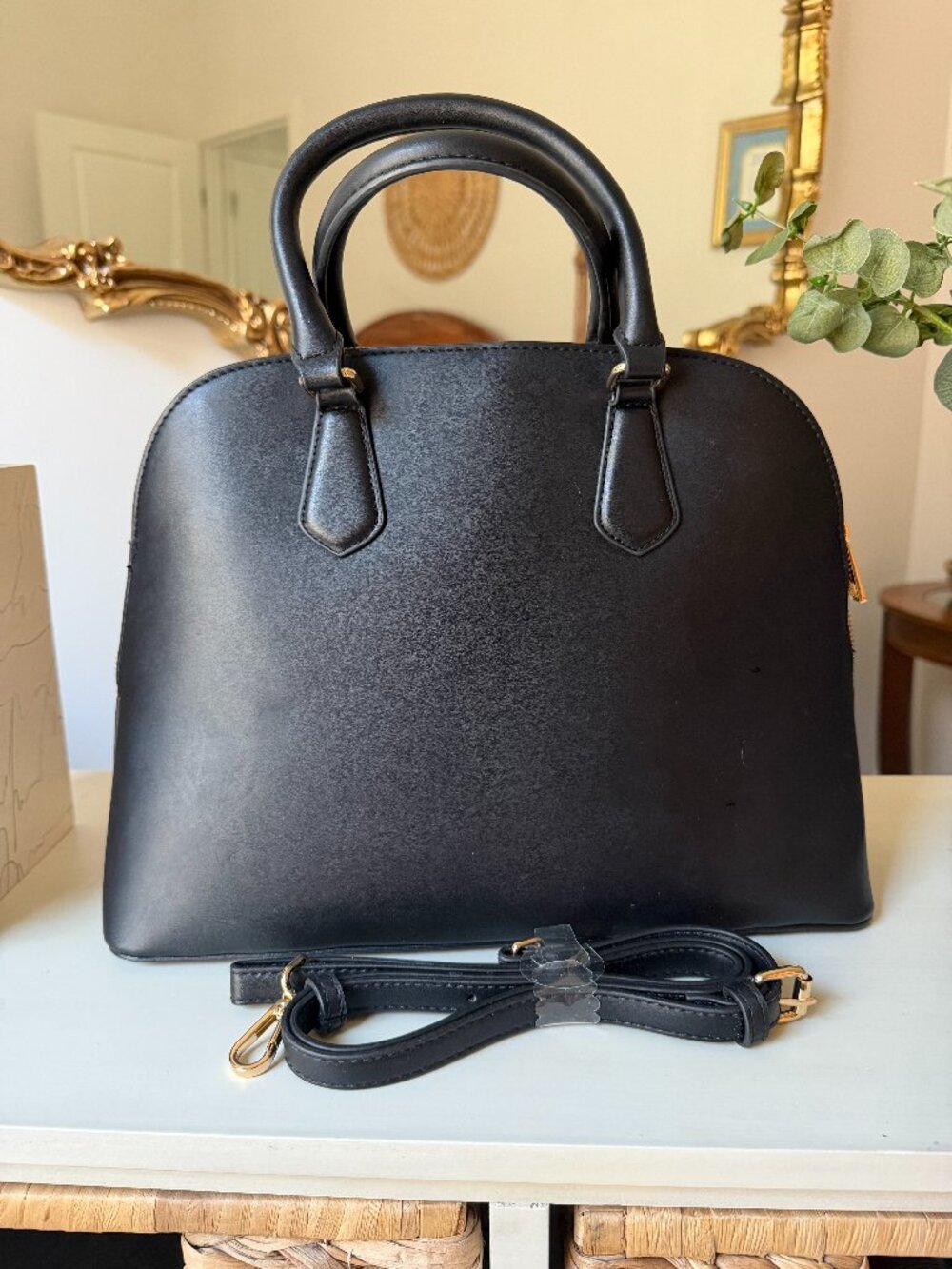A New Day Black Satchel Handbag Gold Hardware Shoulder Strap